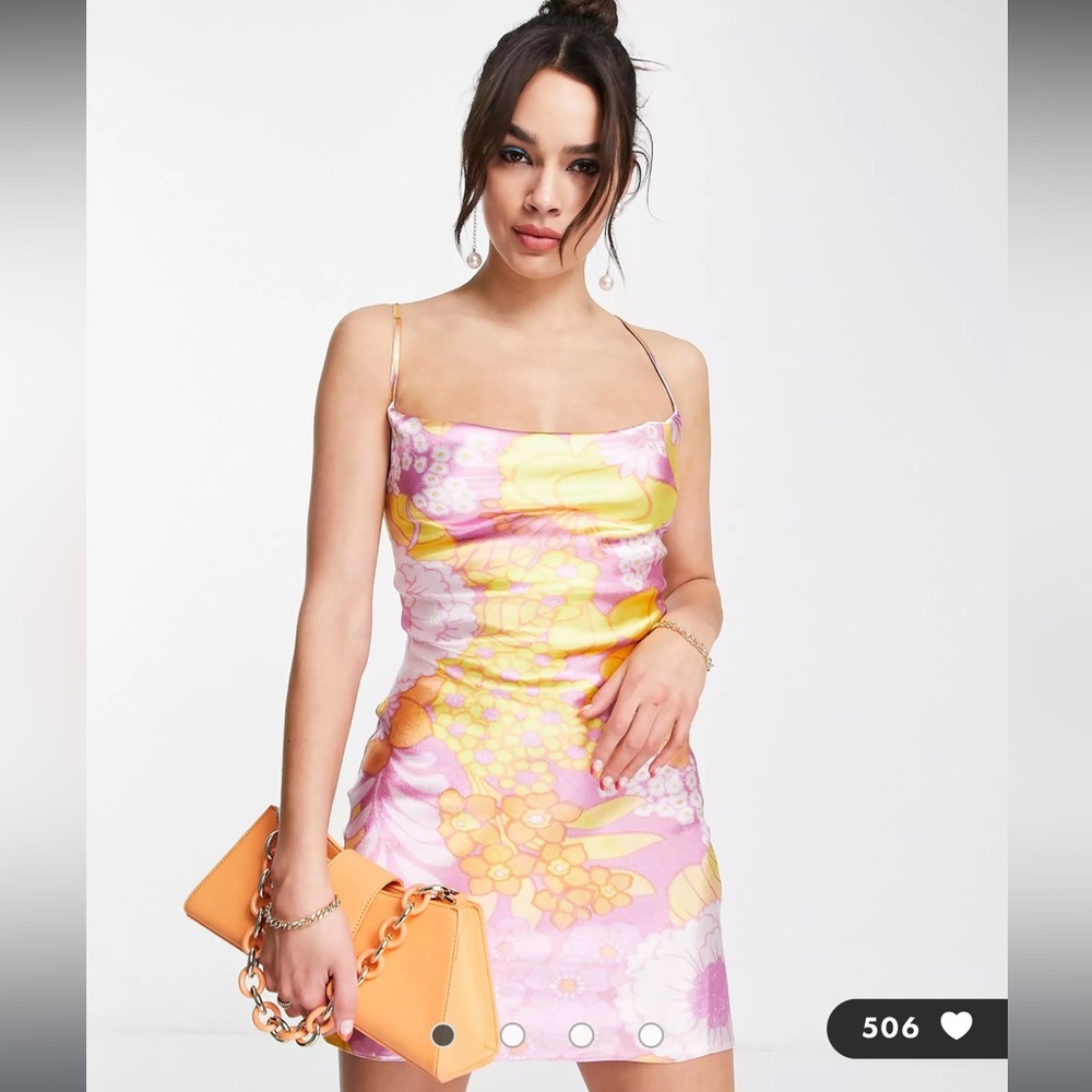 cami mini slip dress in high shine satin with lace up back in pop floral print